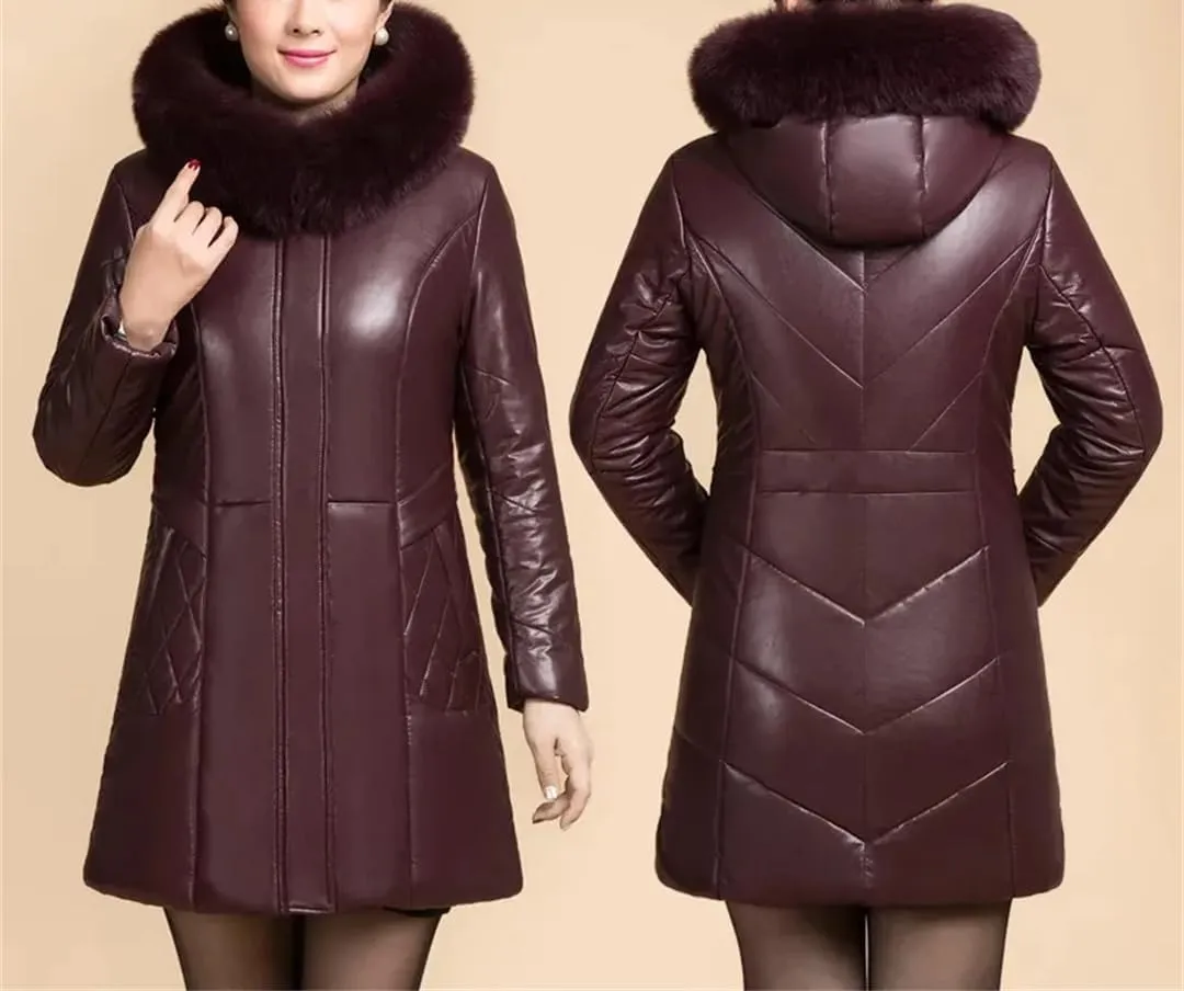 Plus Size PU Leather Jacket Womens Thicken Warm Winter Down Cotton Coats Long Hooded Cotton-Padded Outwear