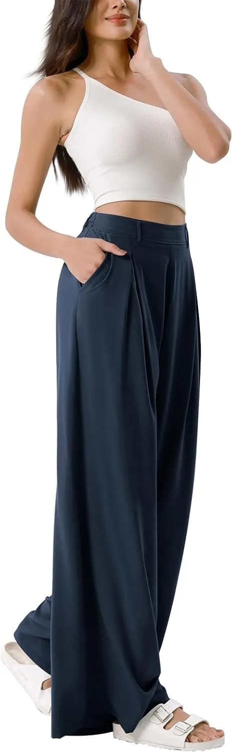 Plus Size Wide Leg Pants for Women Dressy Business Casual Stretchy Work Pants Flowy Palazzo Pants with Pockets