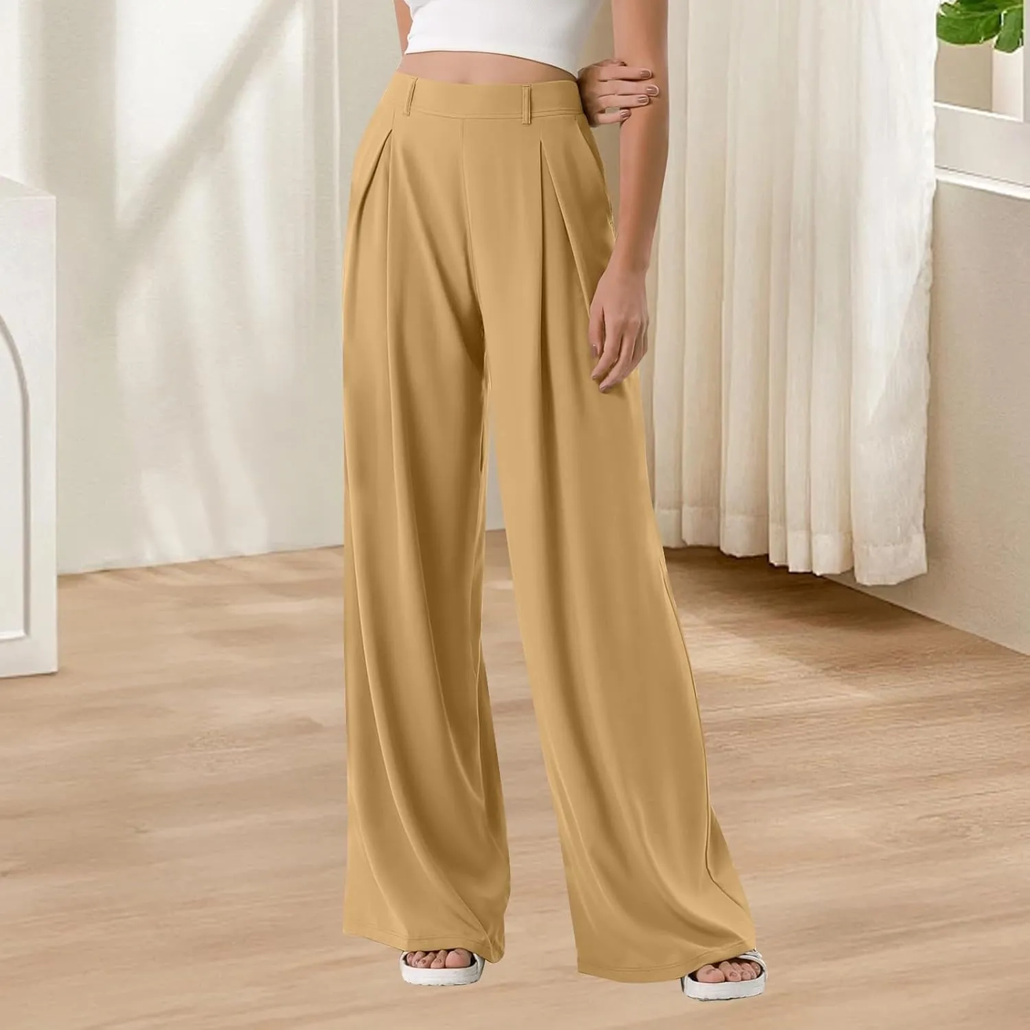 Plus Size Wide Leg Pants for Women Dressy Business Casual Stretchy Work Pants Flowy Palazzo Pants with Pockets