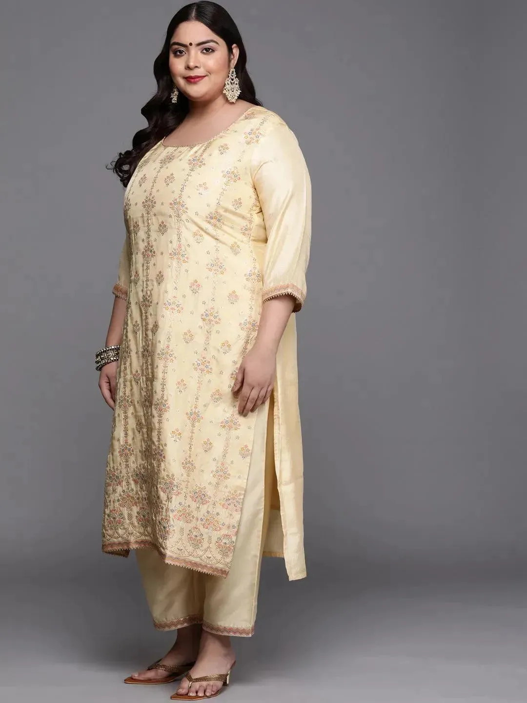 Plus Size Yellow Woven Design Silk Blend Straight Kurta With Dupatta
