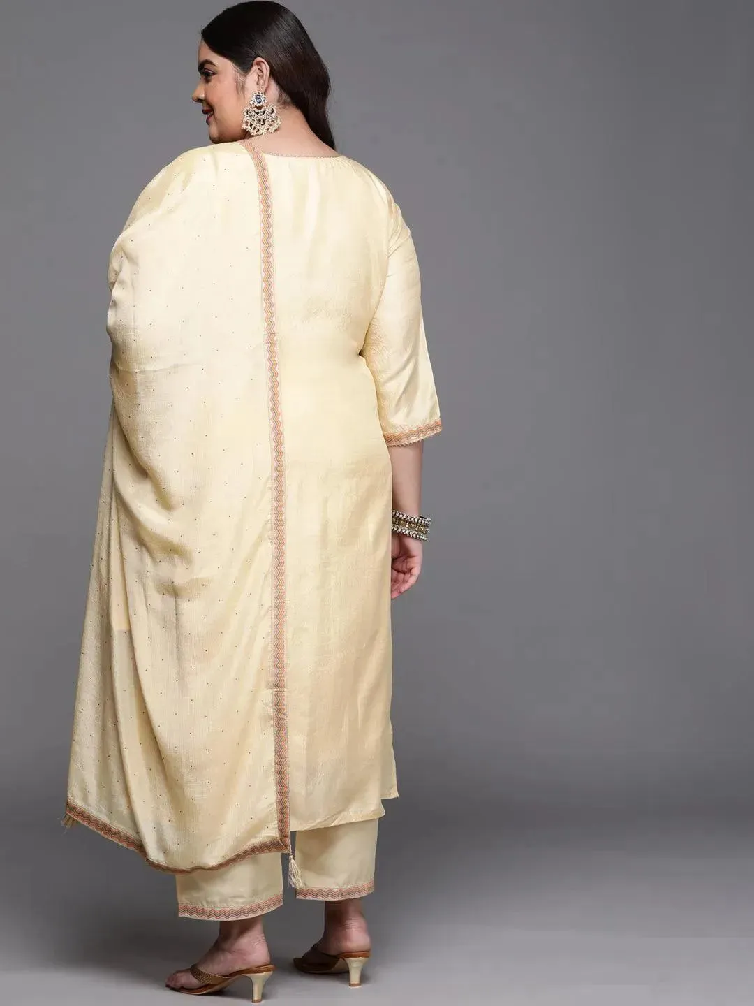 Plus Size Yellow Woven Design Silk Blend Straight Kurta With Dupatta