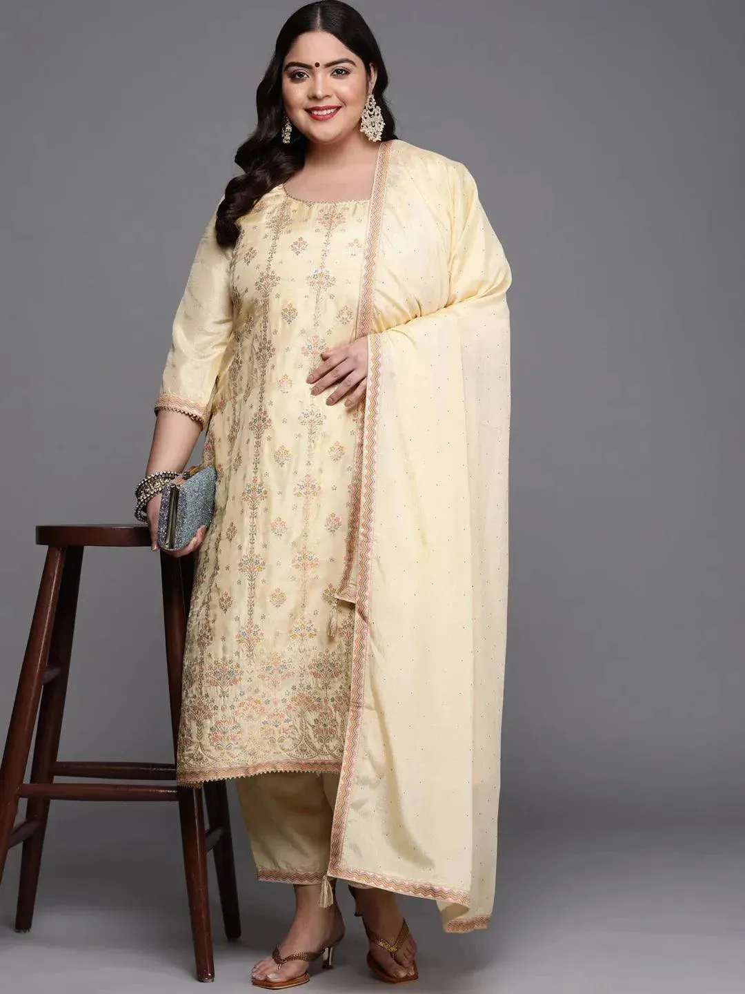 Plus Size Yellow Woven Design Silk Blend Straight Kurta With Dupatta