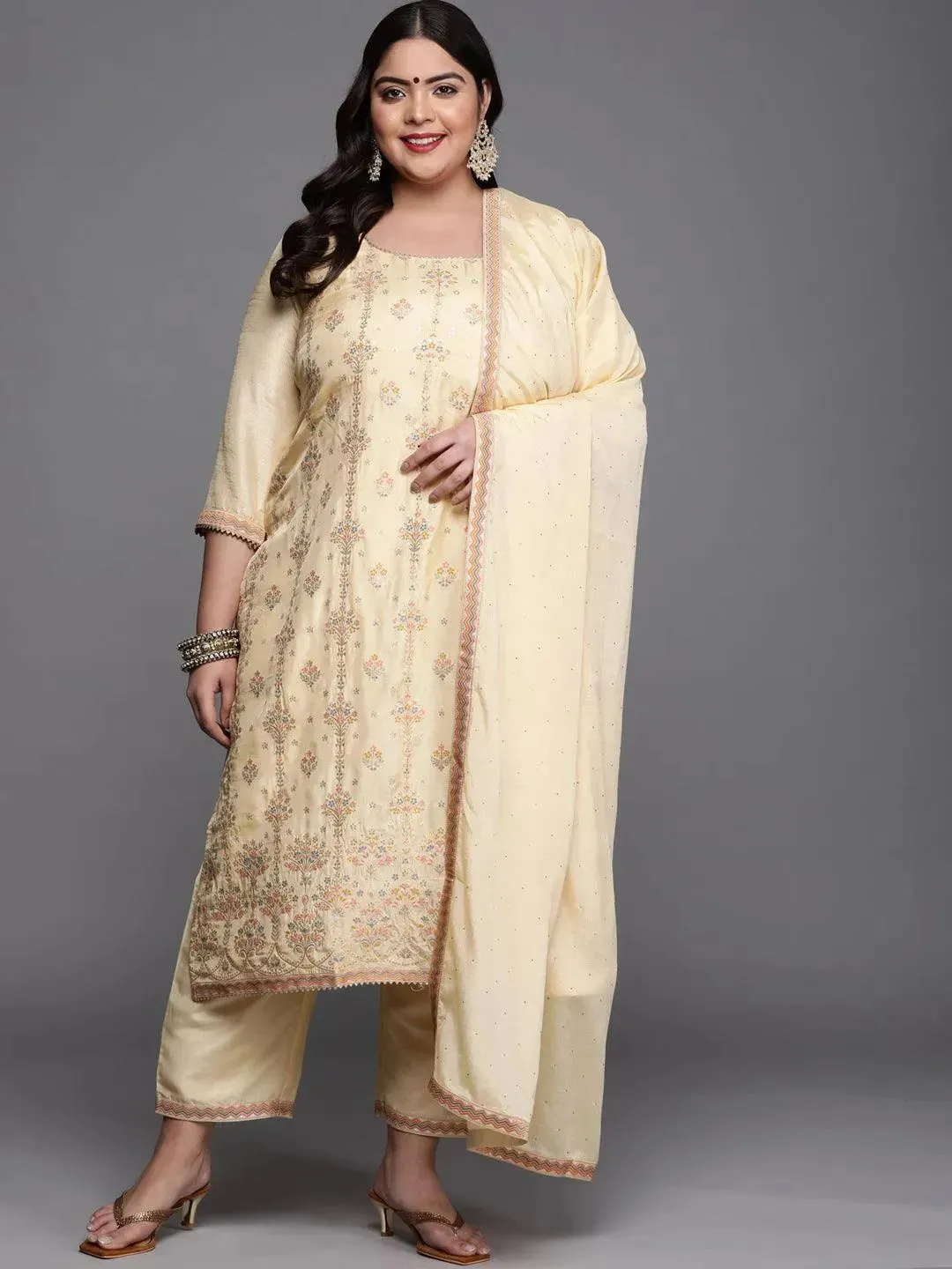 Plus Size Yellow Woven Design Silk Blend Straight Kurta With Dupatta