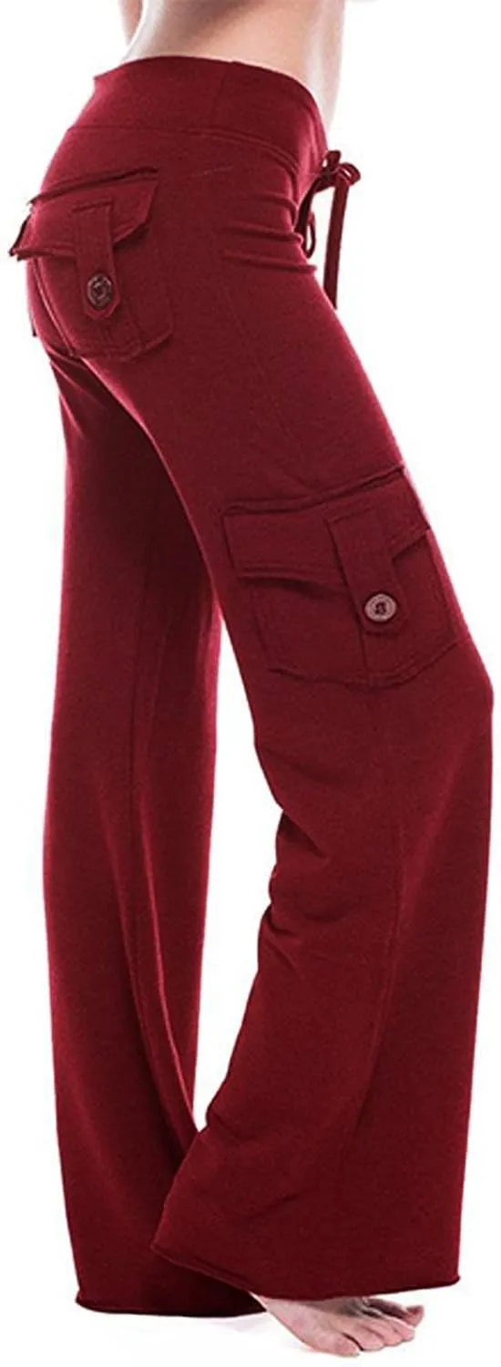 Pockets Stretch Cargo Pants Womens Relax Fit Athletic Work Out Leggings High Waist Wide Leg Loose Casual Yoga Trouser