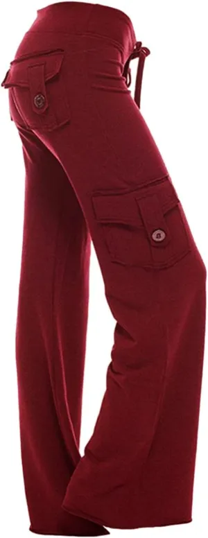 Pockets Stretch Cargo Pants Womens Relax Fit Athletic Work Out Leggings High Waist Wide Leg Loose Casual Yoga Trouser