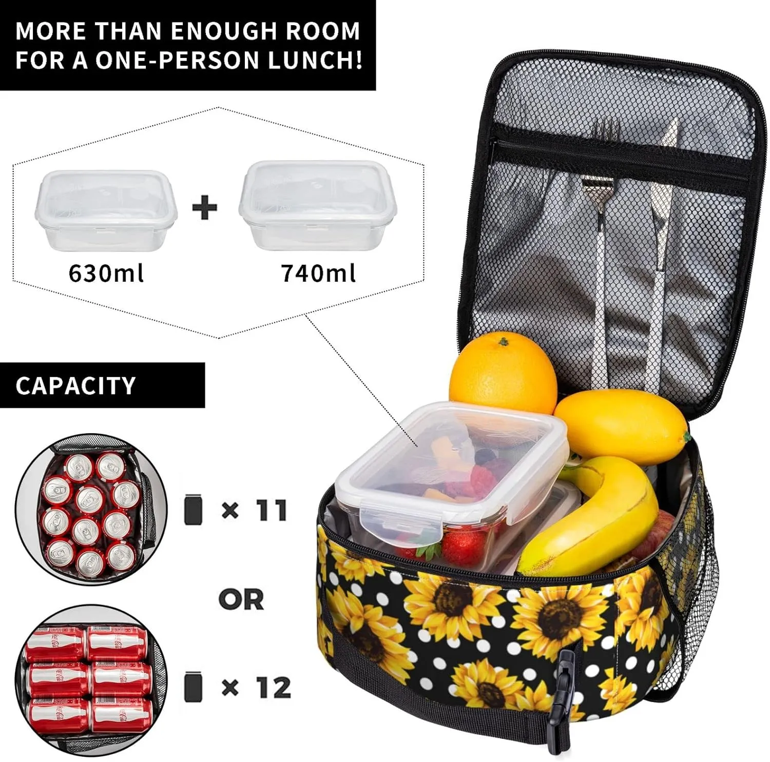 Polka Dot Black Lunch Bag For Women & Men, Insulated Black With White Lunch Box Dots Sunflower Cooler Tote Bags, Adult Reusable Sunflower Gift Lunch Boxes For Work, School, Travel And Picnic