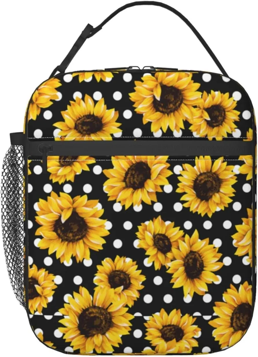 Polka Dot Black Lunch Bag For Women & Men, Insulated Black With White Lunch Box Dots Sunflower Cooler Tote Bags, Adult Reusable Sunflower Gift Lunch Boxes For Work, School, Travel And Picnic