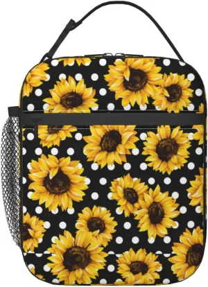 Polka Dot Black Lunch Bag For Women & Men, Insulated Black With White Lunch Box Dots Sunflower Cooler Tote Bags, Adult Reusable Sunflower Gift Lunch Boxes For Work, School, Travel And Picnic