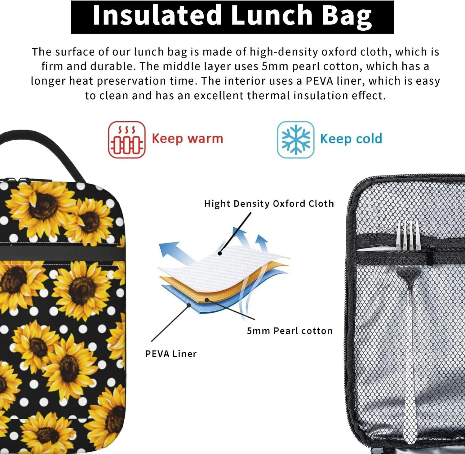 Polka Dot Black Lunch Bag For Women & Men, Insulated Black With White Lunch Box Dots Sunflower Cooler Tote Bags, Adult Reusable Sunflower Gift Lunch Boxes For Work, School, Travel And Picnic