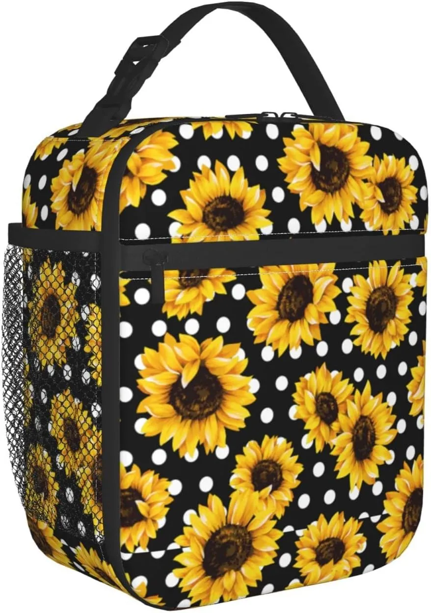 Polka Dot Black Lunch Bag For Women & Men, Insulated Black With White Lunch Box Dots Sunflower Cooler Tote Bags, Adult Reusable Sunflower Gift Lunch Boxes For Work, School, Travel And Picnic