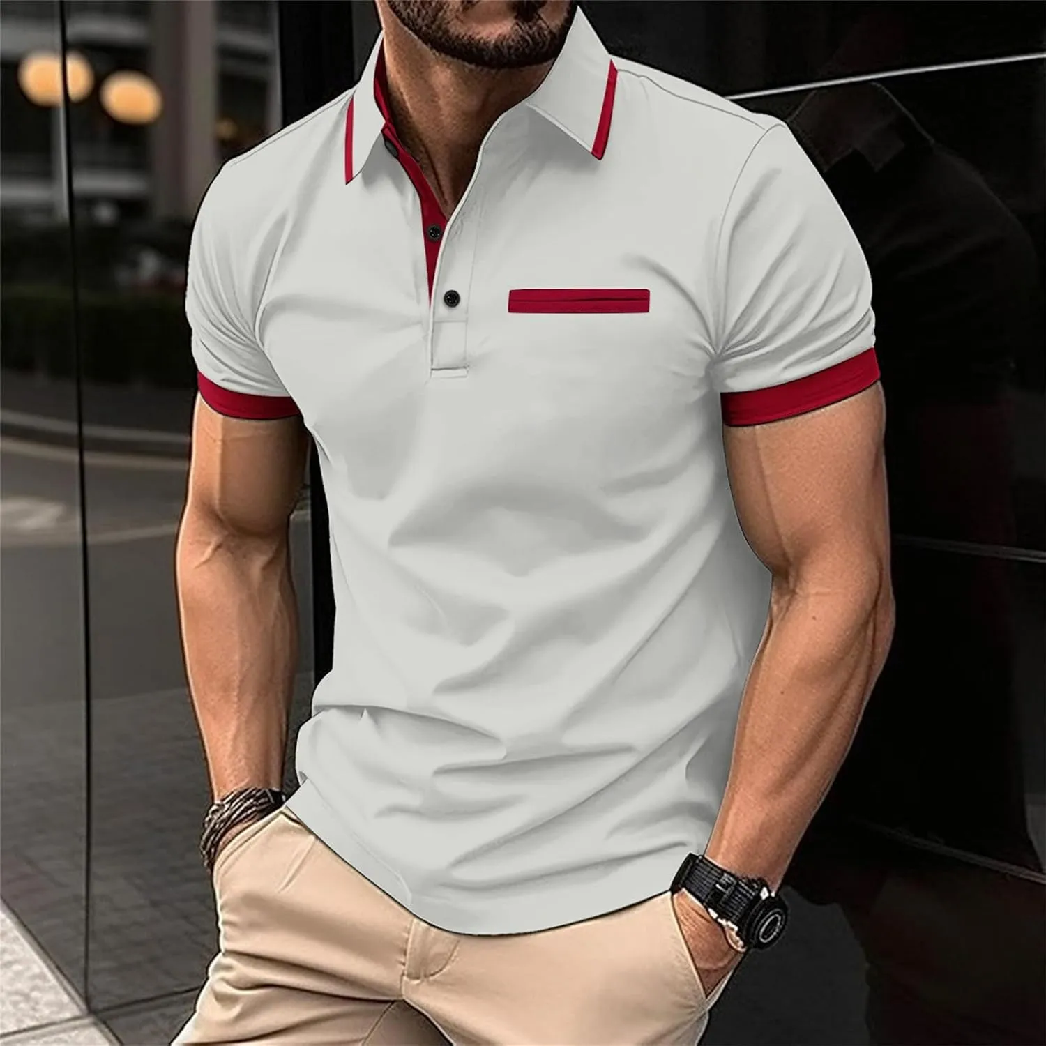 Polo Shirts Short Sleeve for Men Slim-fit Cotton Golf Polo Shirts Contrast Color T Shirt Quick Dry Tops with Pocket