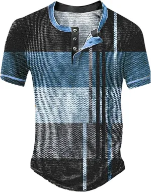 Polo Shirts Short Sleeved Casual Top Striped Plaid Retro Western Denim Print Button Men's T Shirt Top Slim Fit Tee