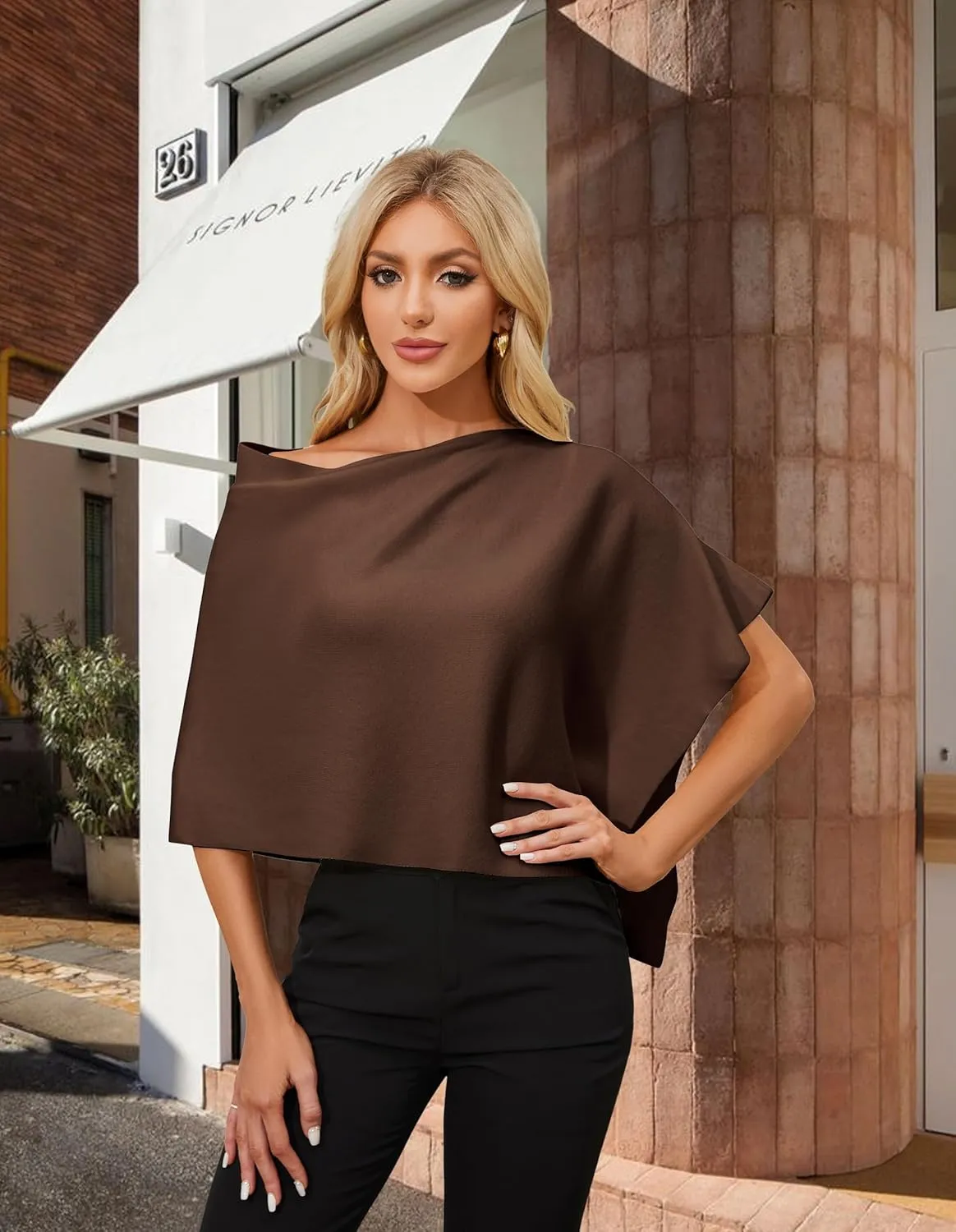 PULI Women Capri Poncho Sweater Slimming Fit Cropped Versatile Shawl Soft Knit Wraps Cowl Neck Short Tops