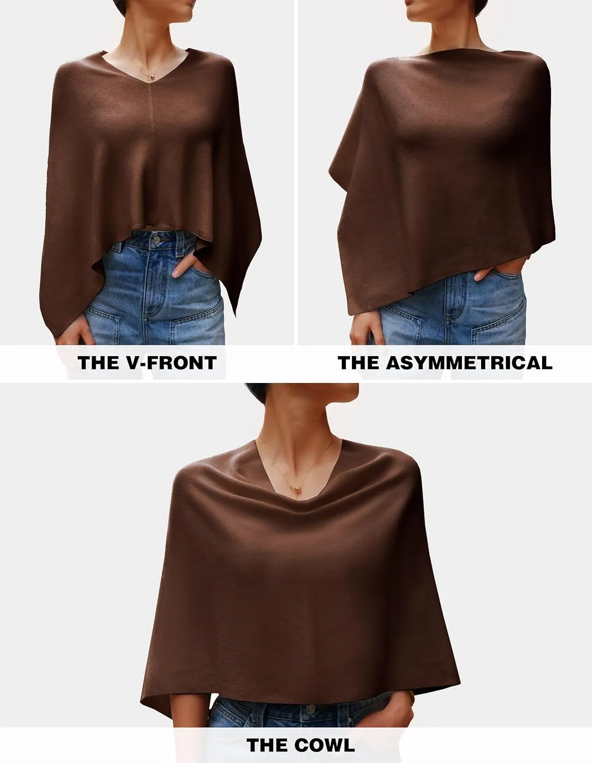 PULI Women Capri Poncho Sweater Slimming Fit Cropped Versatile Shawl Soft Knit Wraps Cowl Neck Short Tops