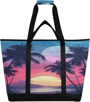 Purple Beach Tote Bag for Women with Zipper Reusable Grocery Bags Foldable Insulated Cooler Bag Shopping Bags Totes Handbags for Groceries Beach Picnic Travel Work