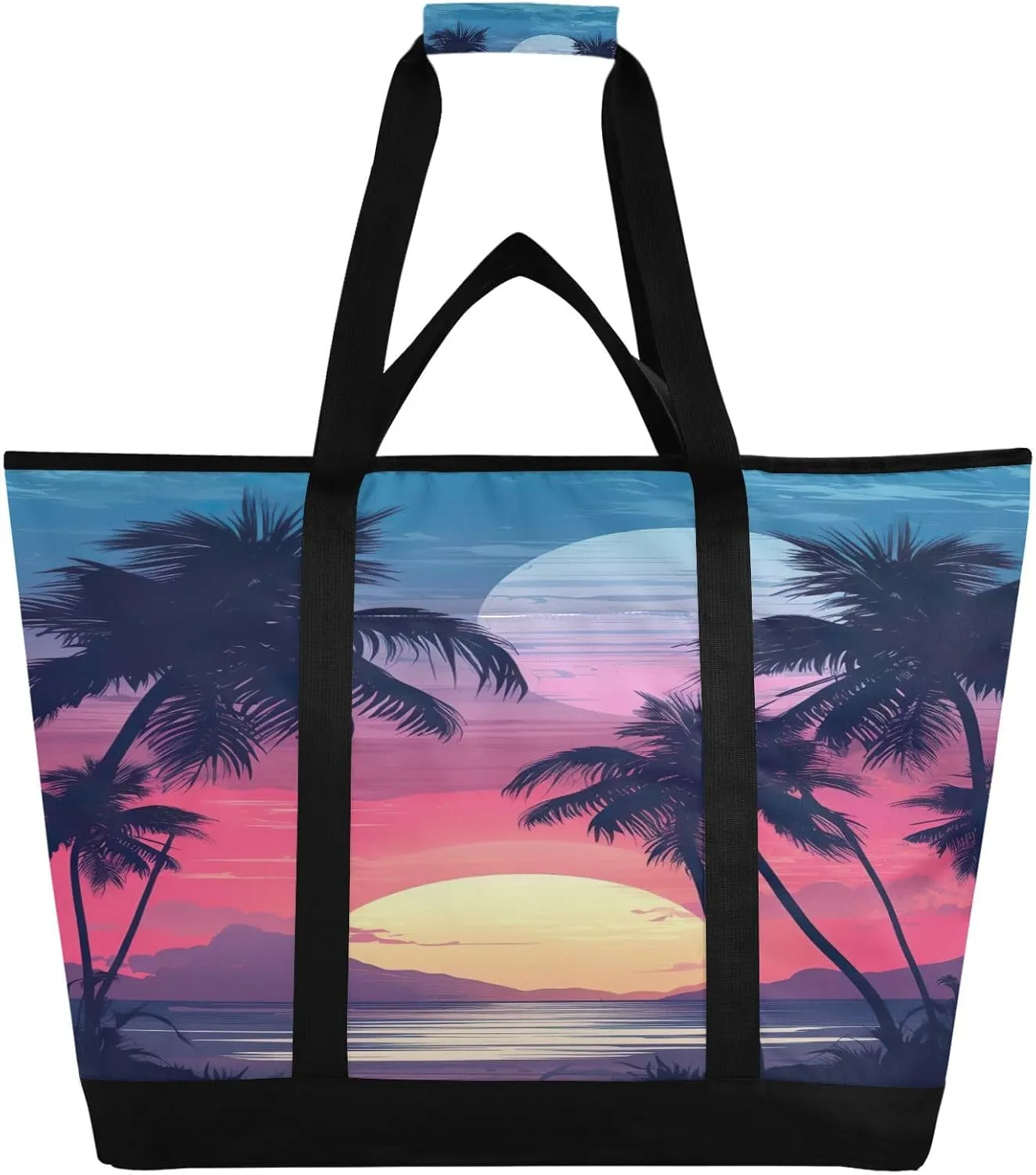 Purple Beach Tote Bag for Women with Zipper Reusable Grocery Bags Foldable Insulated Cooler Bag Shopping Bags Totes Handbags for Groceries Beach Picnic Travel Work