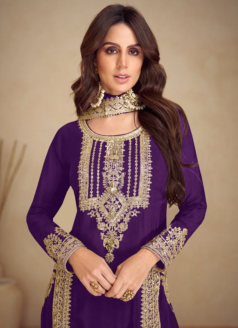 Purple Golden Embroidered Pakistani Pant Style Suit