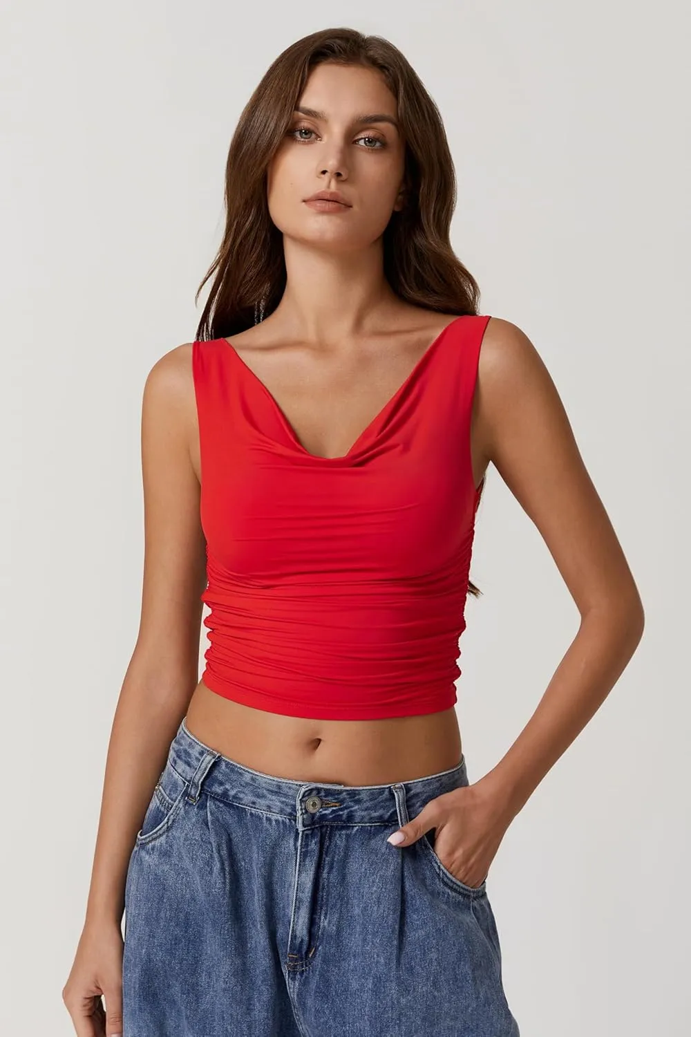 QINSEN Women's Cowl Neck Top Sleeveless Ruched Double Lined Crop Top Y2k T Shirts