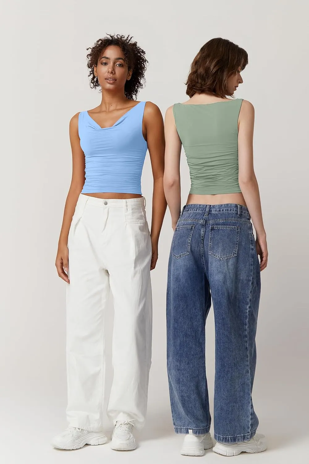 QINSEN Women's Cowl Neck Top Sleeveless Ruched Double Lined Crop Top Y2k T Shirts