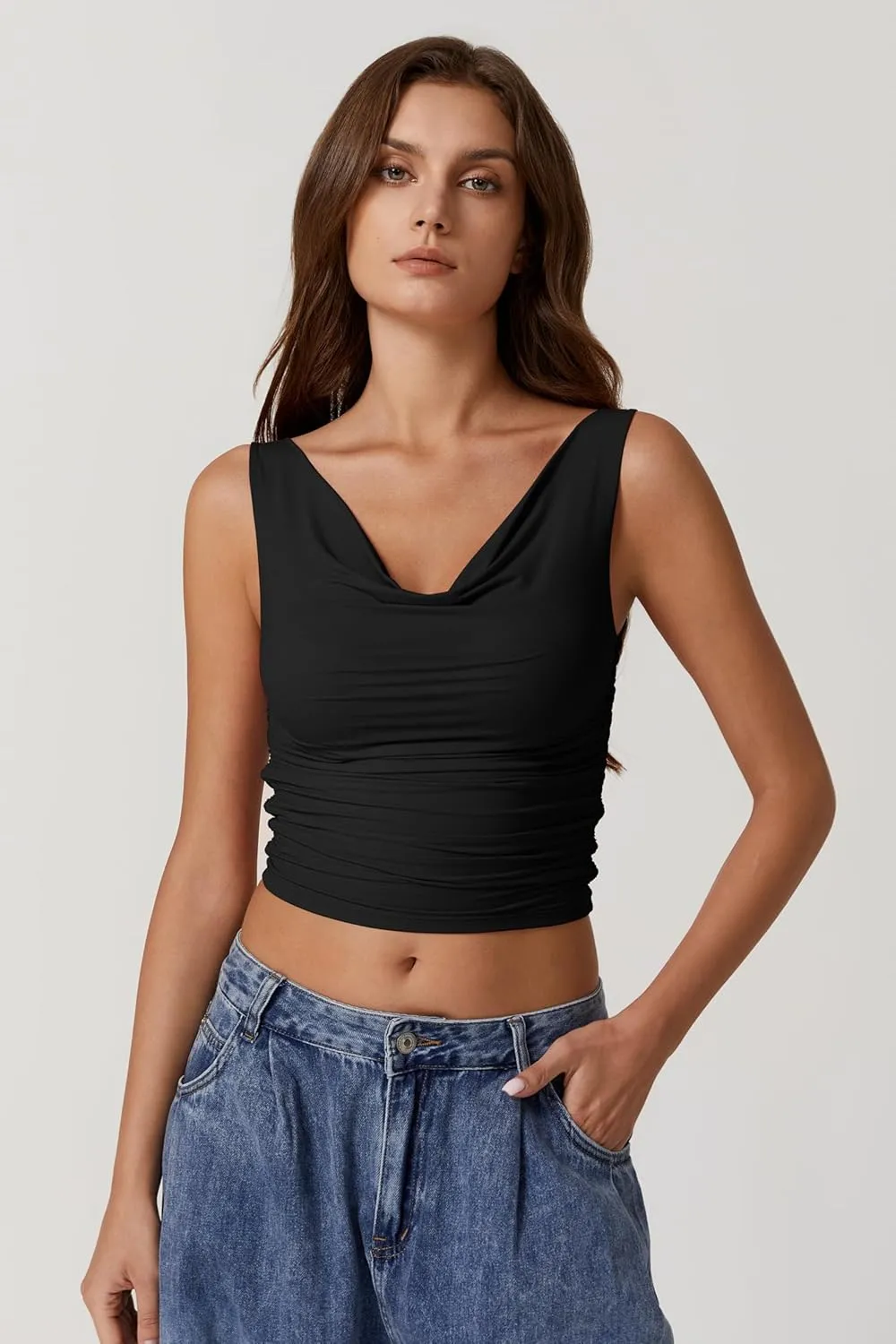 QINSEN Women's Cowl Neck Top Sleeveless Ruched Double Lined Crop Top Y2k T Shirts