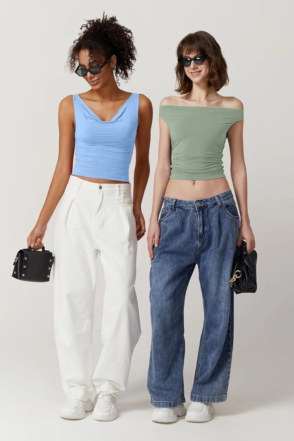 QINSEN Women's Cowl Neck Top Sleeveless Ruched Double Lined Crop Top Y2k T Shirts