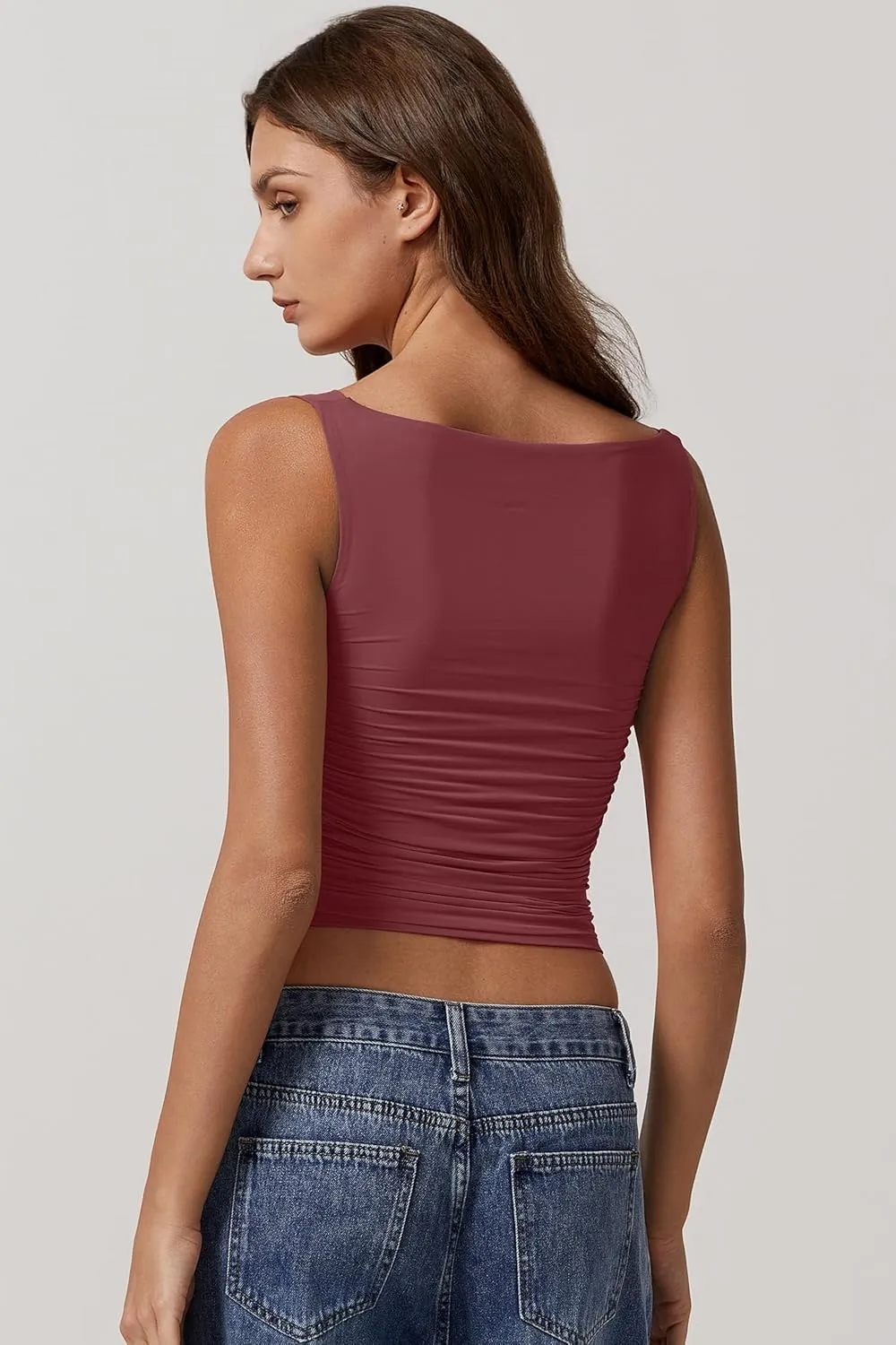 QINSEN Women's Cowl Neck Top Sleeveless Ruched Double Lined Crop Top Y2k T Shirts