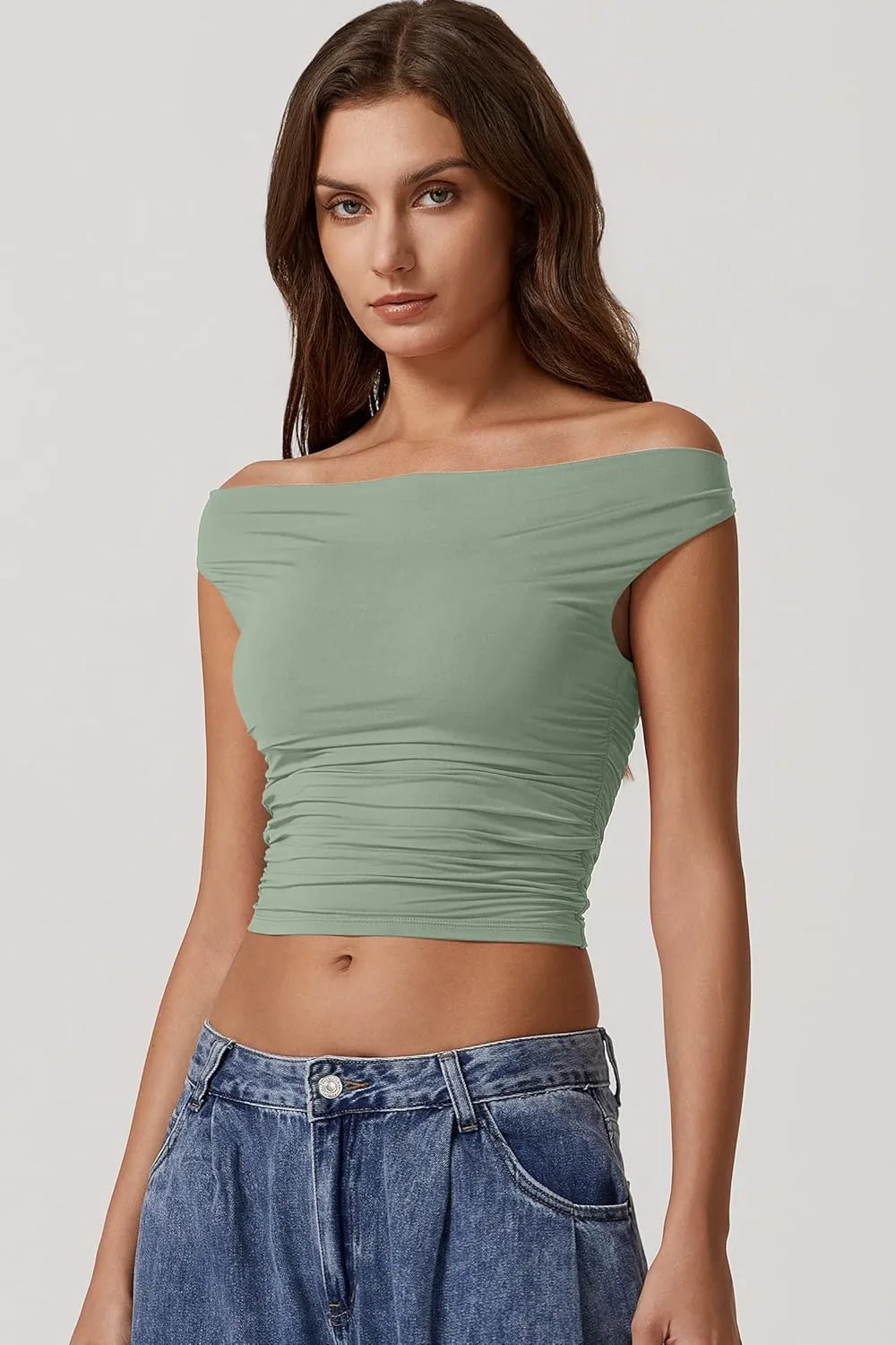QINSEN Women's Cowl Neck Top Sleeveless Ruched Double Lined Crop Top Y2k T Shirts