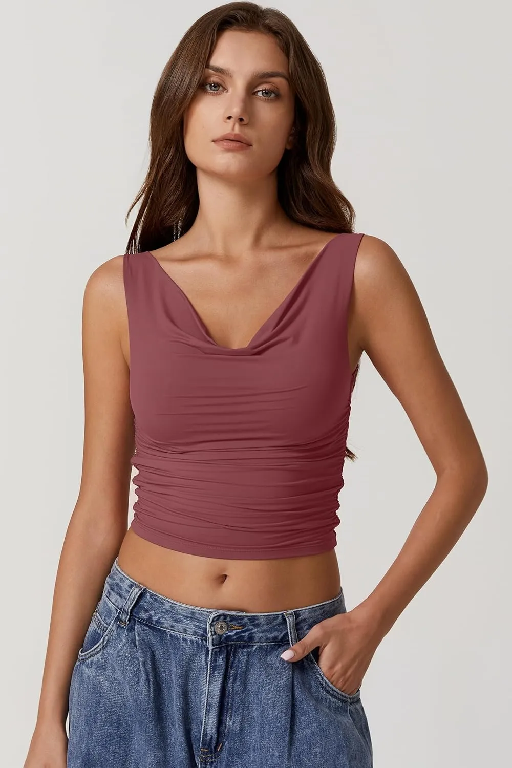 QINSEN Women's Cowl Neck Top Sleeveless Ruched Double Lined Crop Top Y2k T Shirts