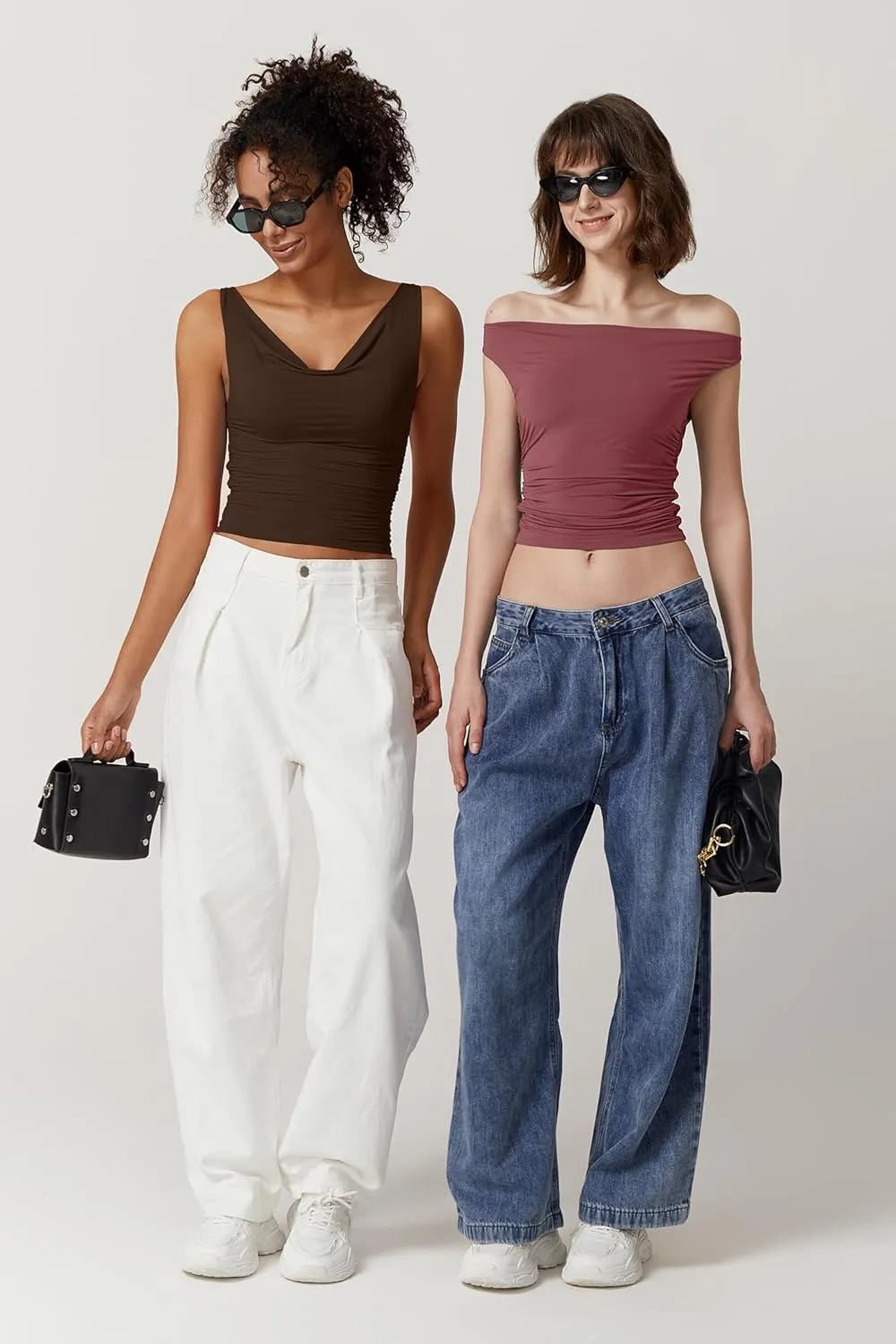 QINSEN Women's Cowl Neck Top Sleeveless Ruched Double Lined Crop Top Y2k T Shirts