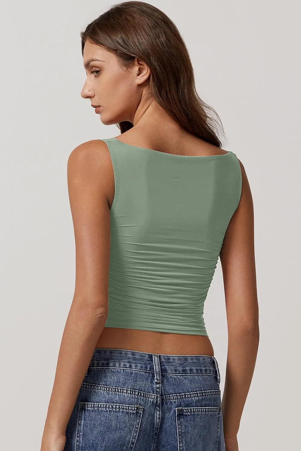 QINSEN Women's Cowl Neck Top Sleeveless Ruched Double Lined Crop Top Y2k T Shirts