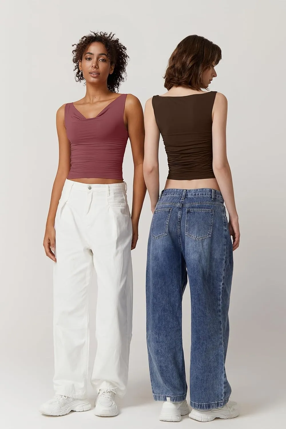 QINSEN Women's Cowl Neck Top Sleeveless Ruched Double Lined Crop Top Y2k T Shirts