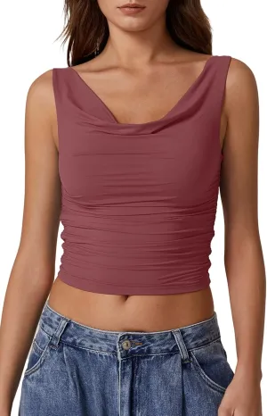 QINSEN Women's Cowl Neck Top Sleeveless Ruched Double Lined Crop Top Y2k T Shirts