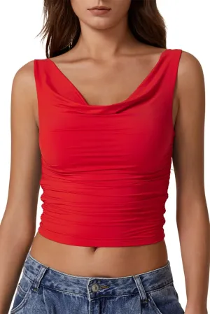 QINSEN Women's Cowl Neck Top Sleeveless Ruched Double Lined Crop Top Y2k T Shirts