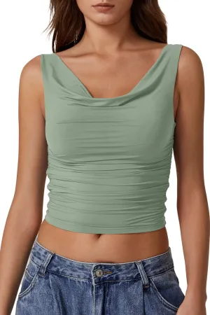 QINSEN Women's Cowl Neck Top Sleeveless Ruched Double Lined Crop Top Y2k T Shirts