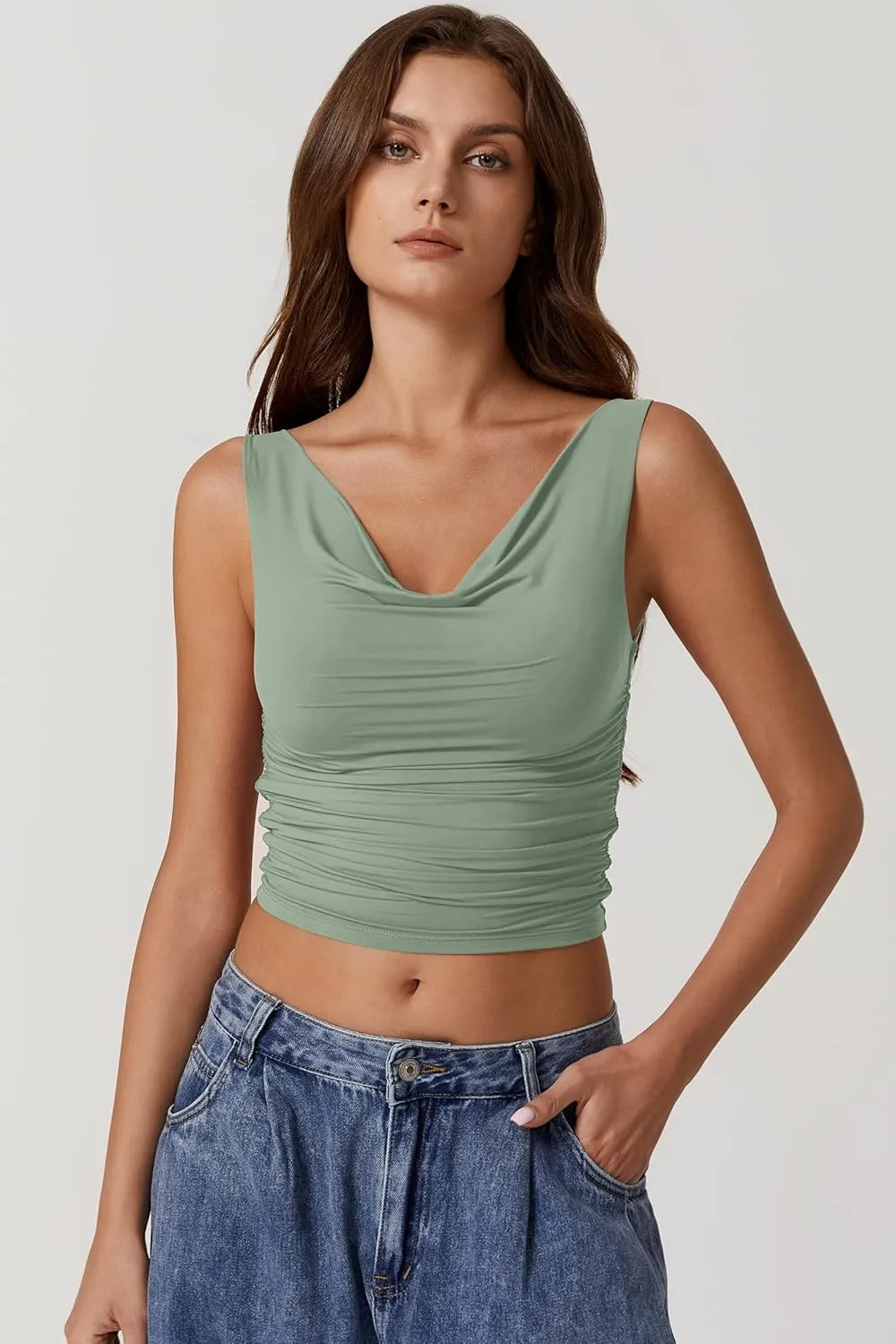QINSEN Women's Cowl Neck Top Sleeveless Ruched Double Lined Crop Top Y2k T Shirts