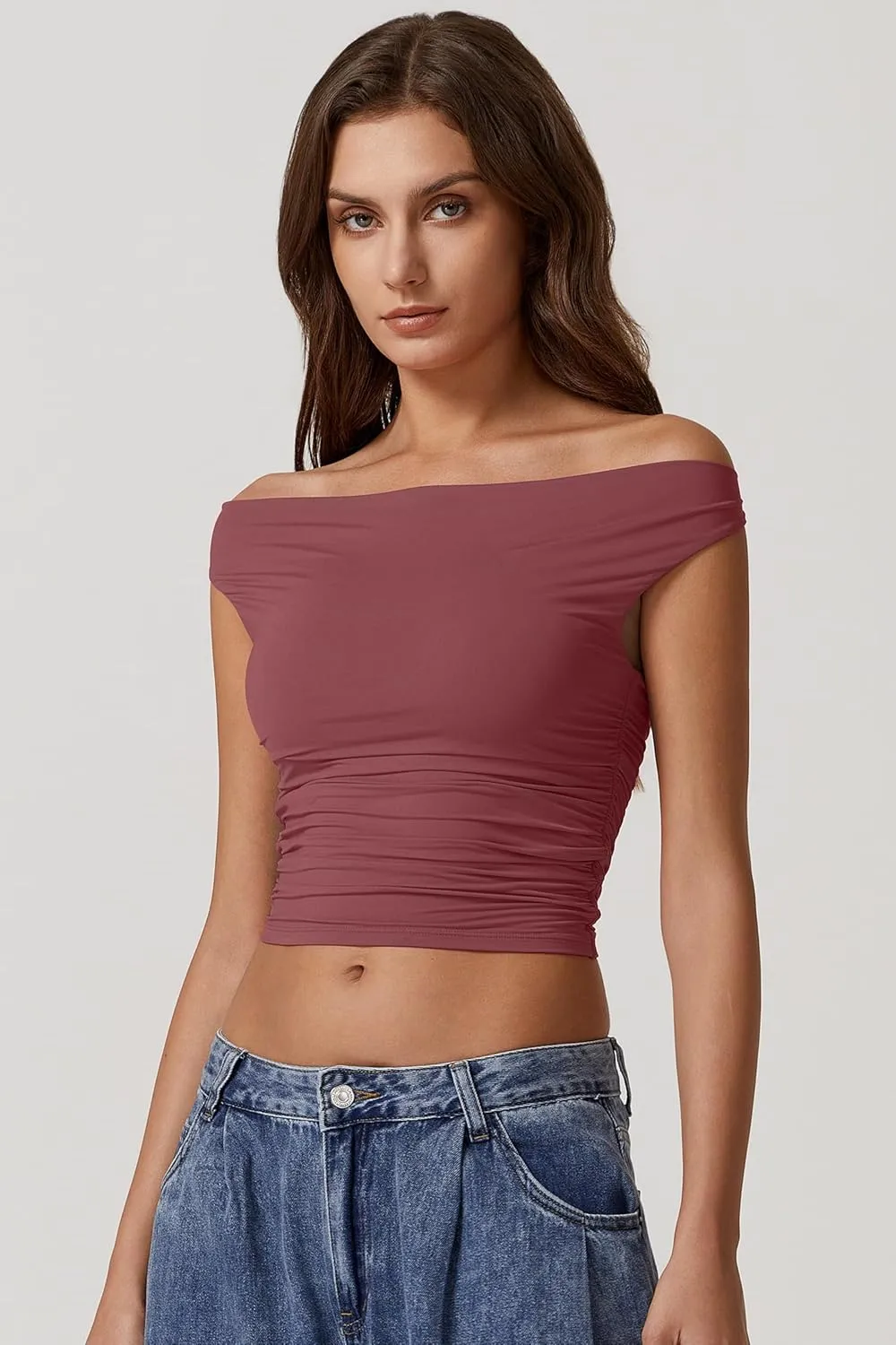 QINSEN Women's Cowl Neck Top Sleeveless Ruched Double Lined Crop Top Y2k T Shirts