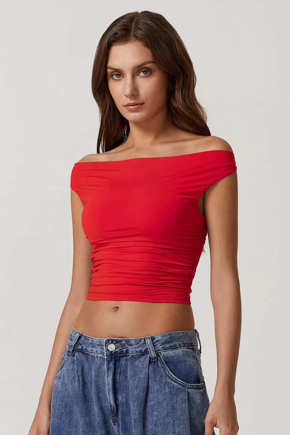 QINSEN Women's Cowl Neck Top Sleeveless Ruched Double Lined Crop Top Y2k T Shirts