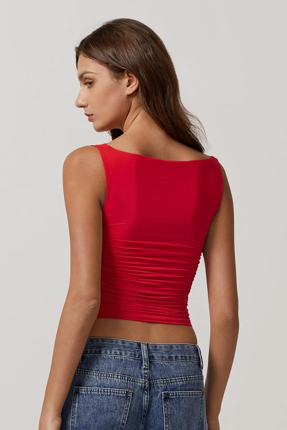 QINSEN Women's Cowl Neck Top Sleeveless Ruched Double Lined Crop Top Y2k T Shirts