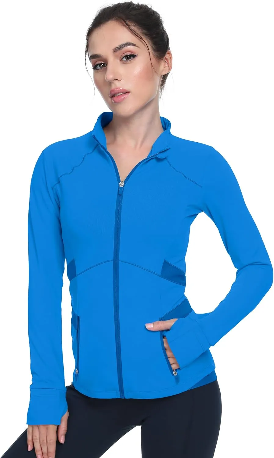 QUEENIEKE Women's Slim Fit Workout Jackets - Zip Up Athletic Running Jacket with Color-blocked Mesh & Thumb Holes