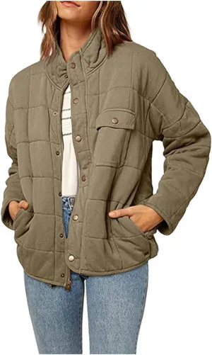 Quilted Jackets for Women Baggy Lightweight Zip up Coat Padded Warm Winter Down Overcoat with Pockets Casual Outwear