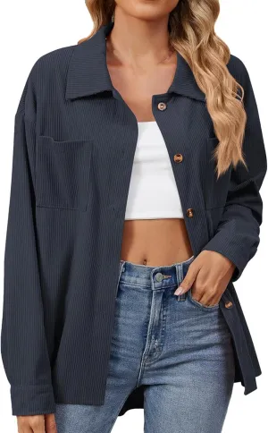 QWENTMTNTY Corduroy Jacket Women Oversized Plus Size Double Breasted Shacket Vintage Casual Lapel Corduroy Blazer Outerwear
