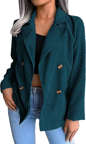 QWENTMTNTY Corduroy Jacket Women Oversized Plus Size Double Breasted Shacket Vintage Casual Lapel Corduroy Blazer Outerwear