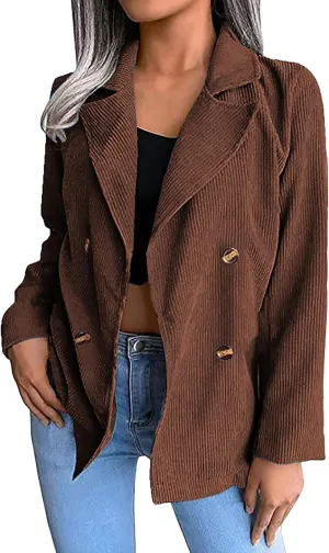QWENTMTNTY Corduroy Jacket Women Oversized Plus Size Double Breasted Shacket Vintage Casual Lapel Corduroy Blazer Outerwear