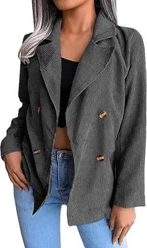 QWENTMTNTY Corduroy Jacket Women Oversized Plus Size Double Breasted Shacket Vintage Casual Lapel Corduroy Blazer Outerwear