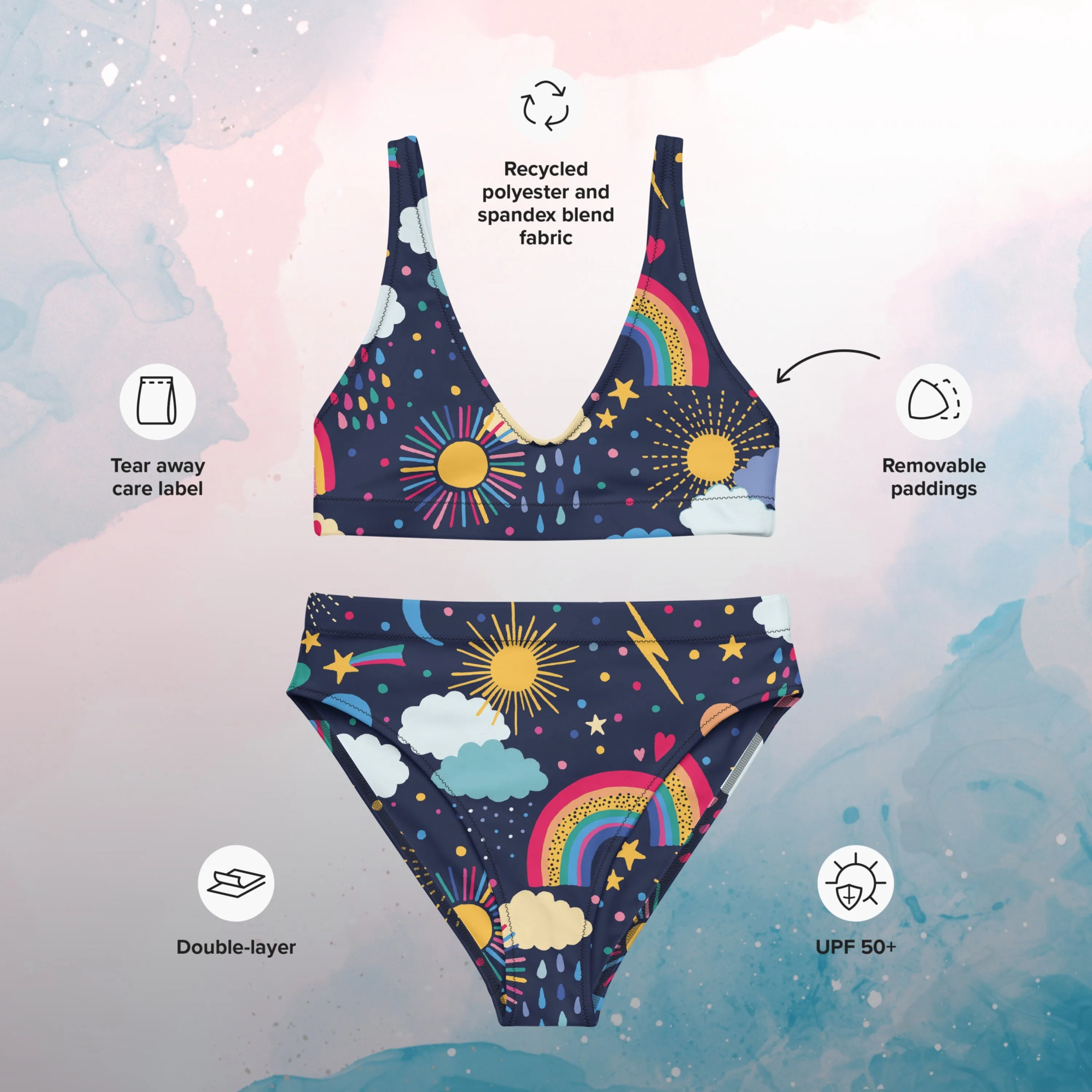 Rainbows and Rain Clouds Weather Themed Recycled High Waisted Bikini Set