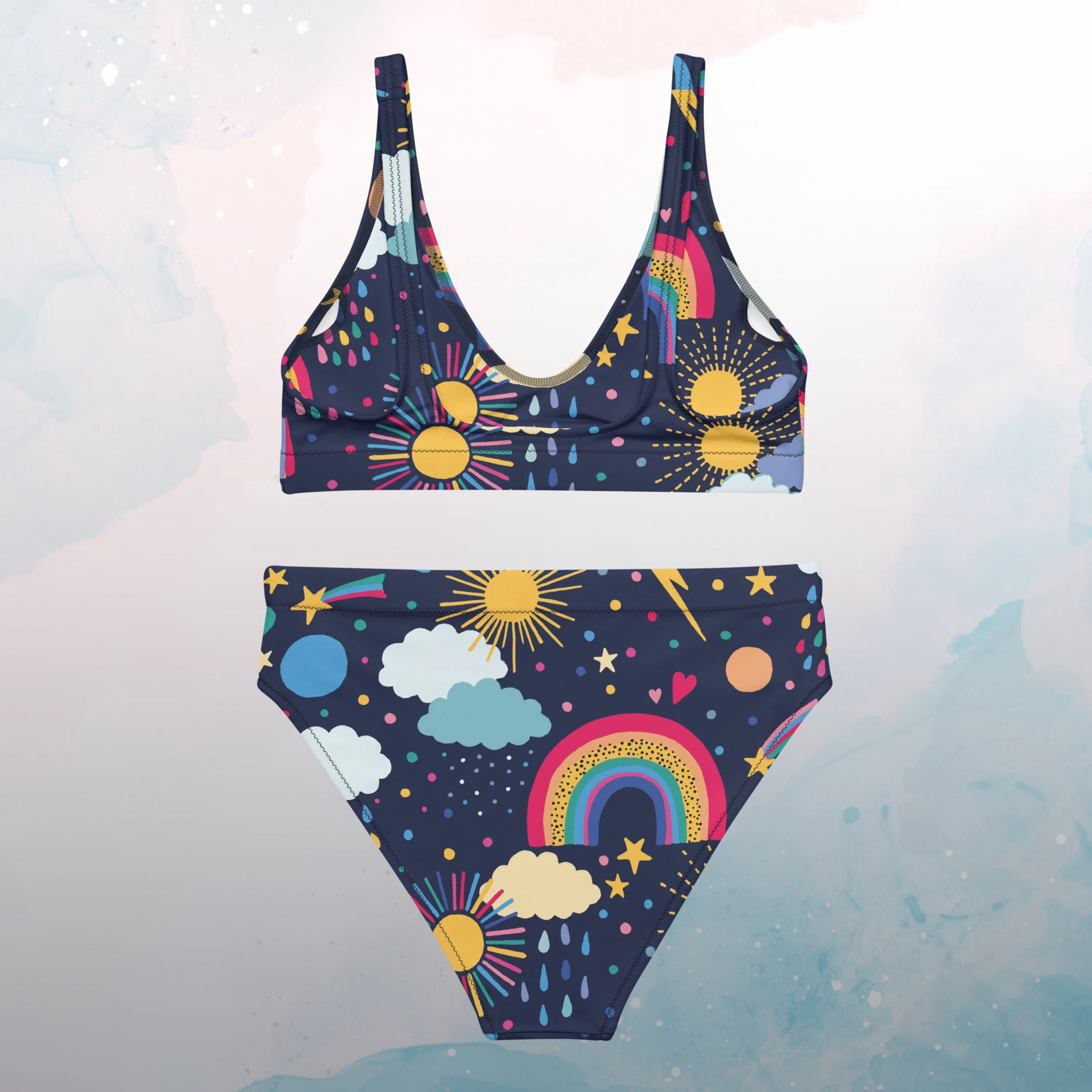 Rainbows and Rain Clouds Weather Themed Recycled High Waisted Bikini Set
