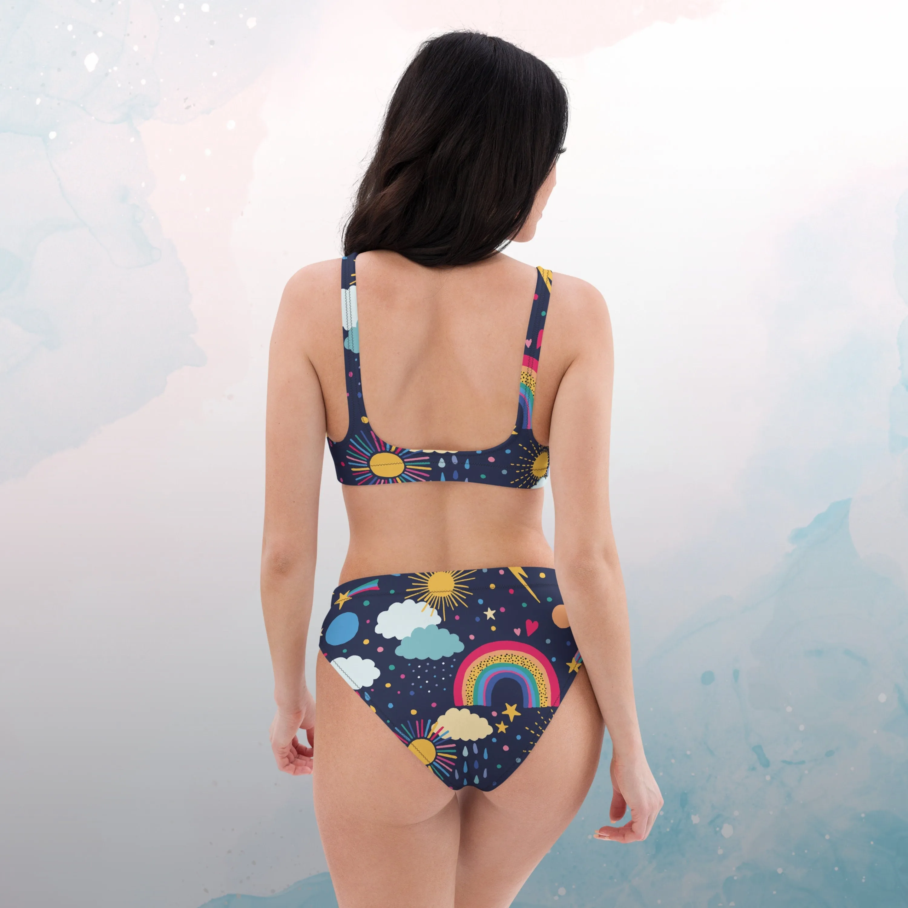 Rainbows and Rain Clouds Weather Themed Recycled High Waisted Bikini Set