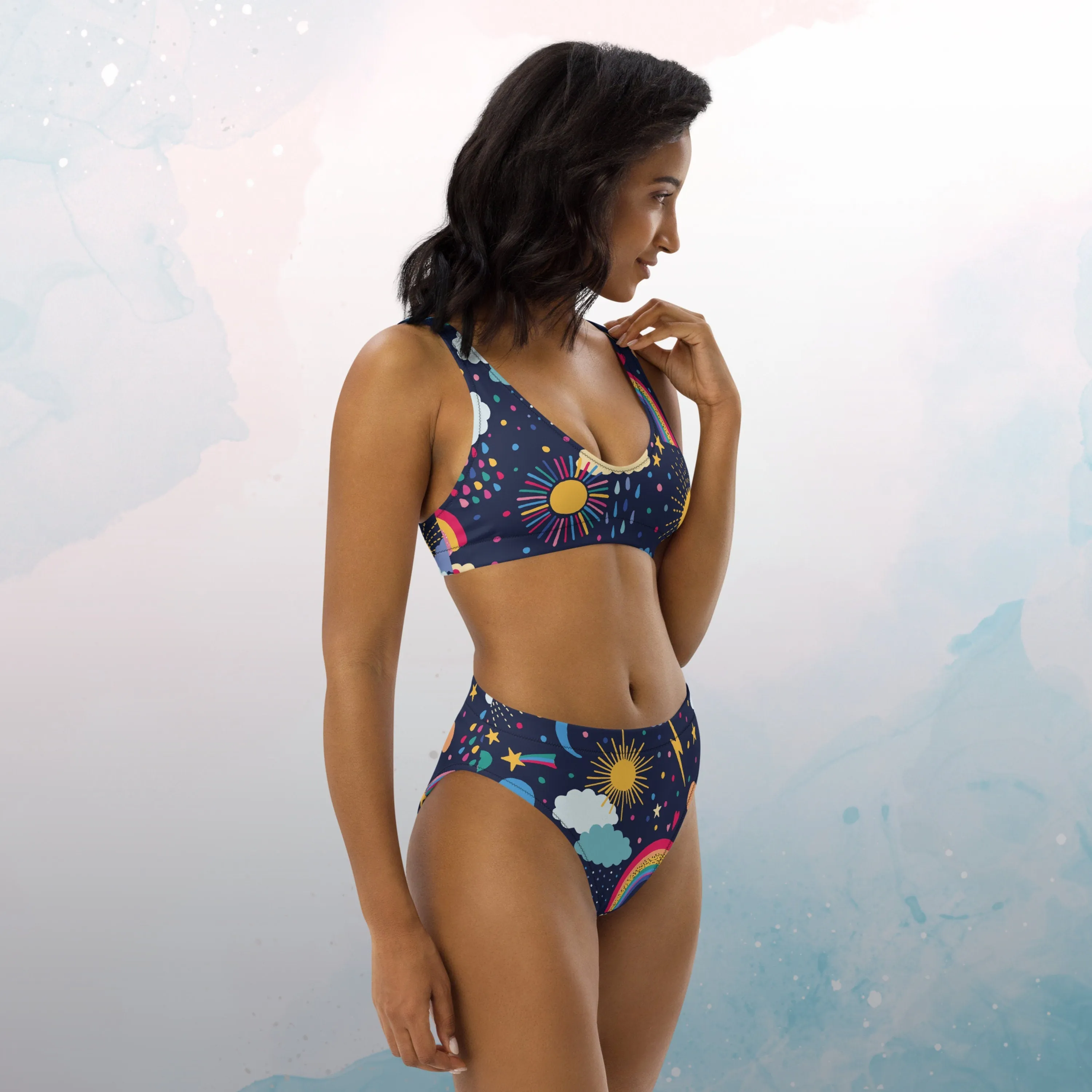Rainbows and Rain Clouds Weather Themed Recycled High Waisted Bikini Set