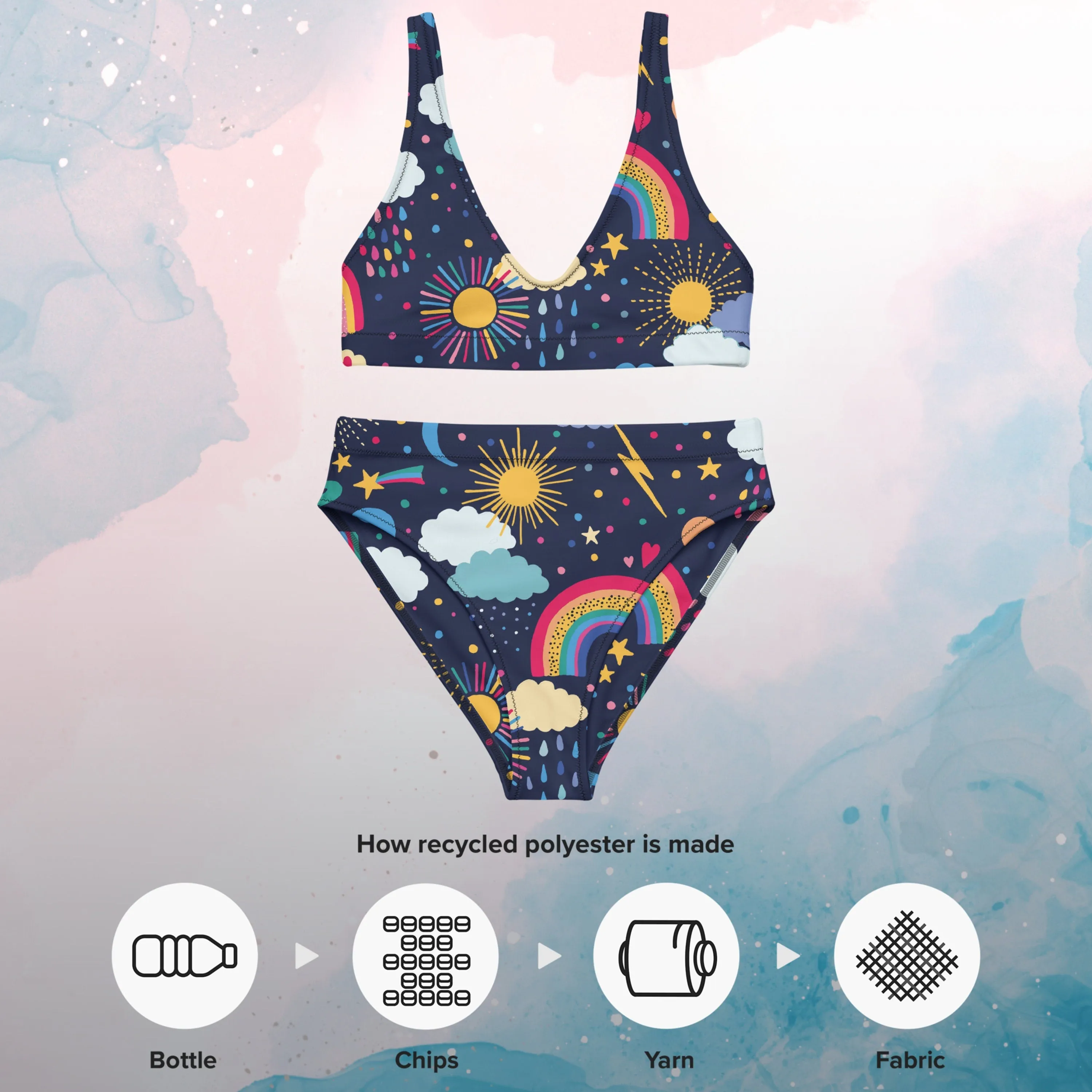Rainbows and Rain Clouds Weather Themed Recycled High Waisted Bikini Set