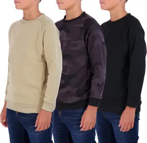 Real Essentials 3 Pack Boys' Fleece Crew Neck Long Sleeve Sweatshirt - Soft Pullover Sweaters for Youth Kids Boys & Girls